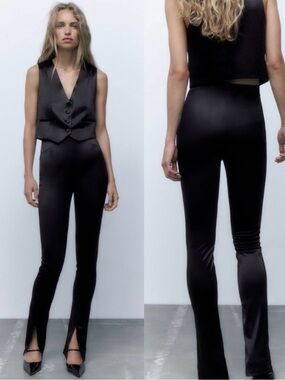 Zara Black Satin Stretchy Pants with Side Slits
